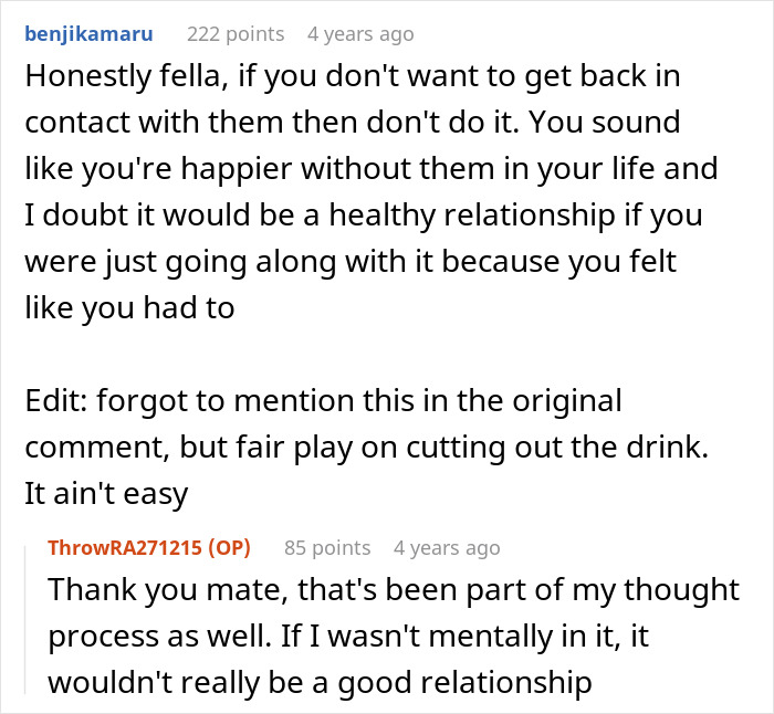 Screenshot of a Reddit conversation discussing family forgiveness and emotional challenges in rebuilding relationships.