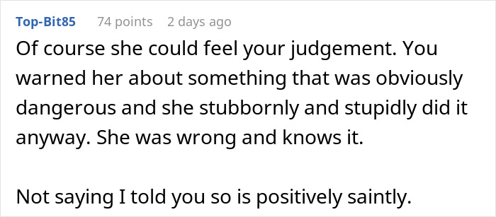 Comment discussing a husband warning his wife about a dangerous gift from her mom that she stubbornly ignores.