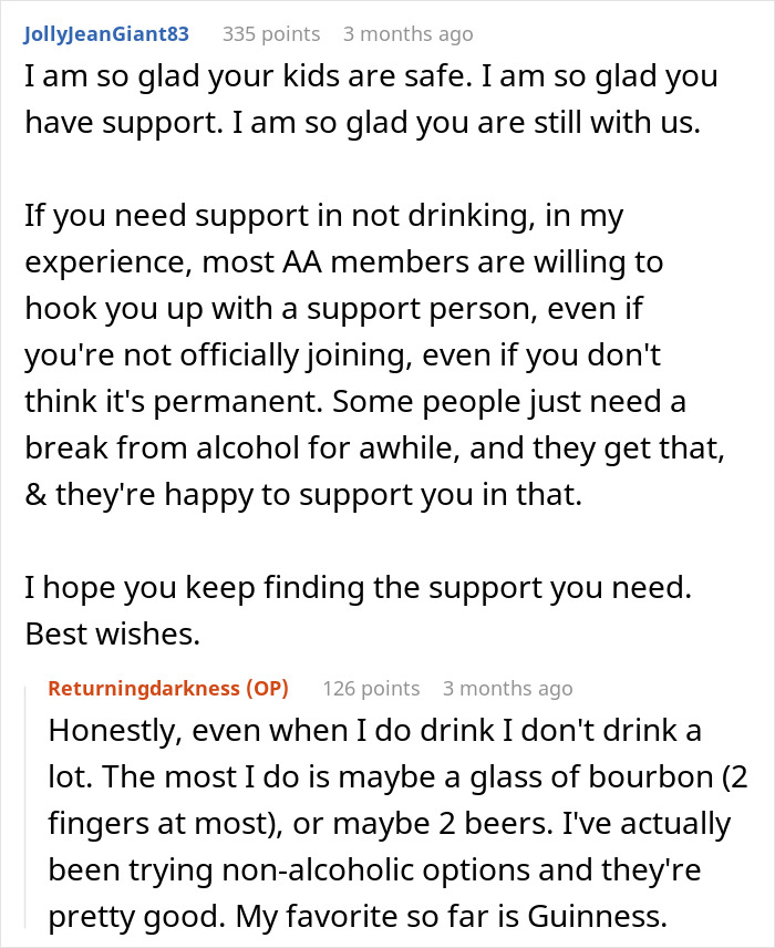 Comments discussing support for overcoming alcohol use amid a dad accused of horrific things by his own kids.