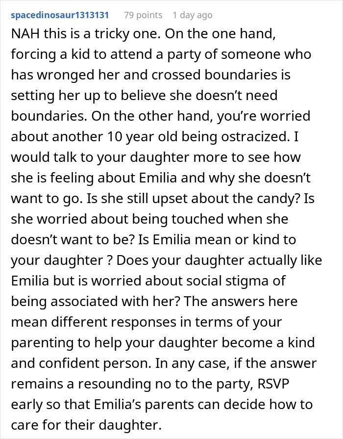 Screenshot of a Reddit comment offering lengthy advice about whether to make daughter attend birthday and social concerns. Screenshot of a Reddit comment offering lengthy advice about whether to make daughter attend birthday and social concerns.