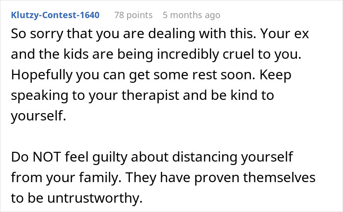 Text comment on forum sharing support with a dad accused of horrific things by his kids, discussing family pain and mental health.