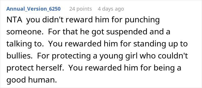 Comment defending dad who takes son out to celebrate after standing up to a bully and protecting a girl.