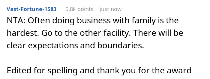 Comment on online forum about the challenges of doing business with family and setting boundaries. Comment on online forum about the challenges of doing business with family and setting boundaries.