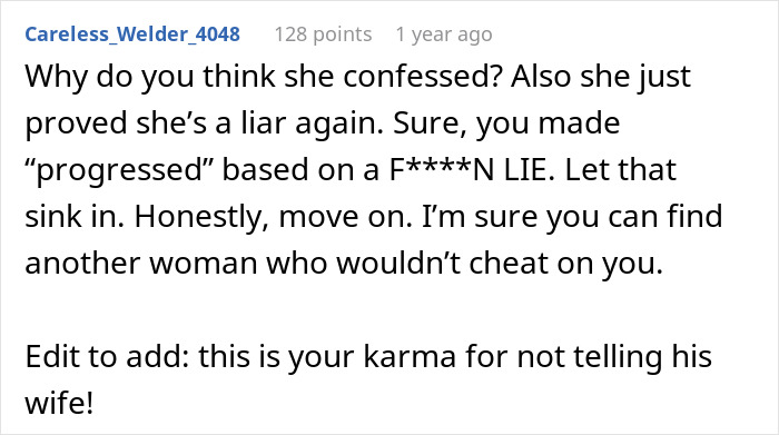 Screenshot of an online comment discussing a man discovering his wife&rsquo;s cheating was not just one drunken night.