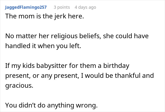Comment text discussing a babysitter giving a birthday gift to a mother who becomes furious, defending the babysitter.