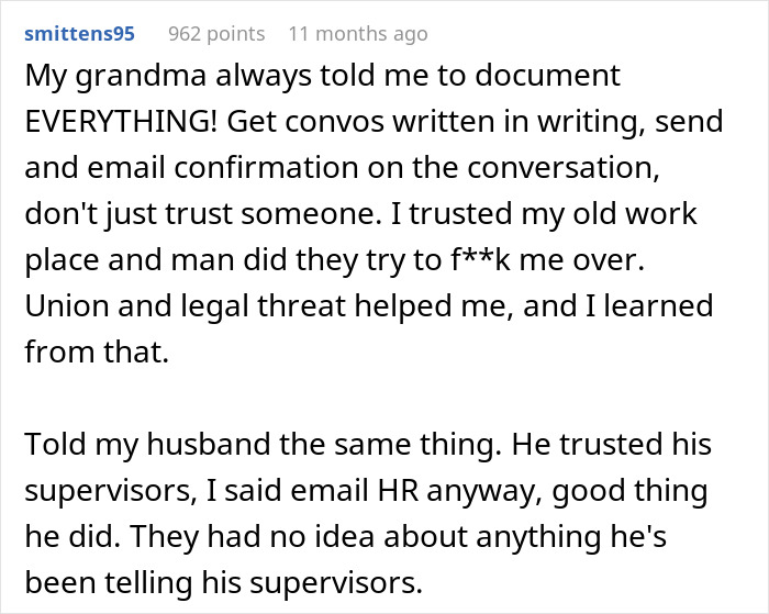 Screenshot of an online discussion post sharing a cancer surgery story after coworker comments on appearance.