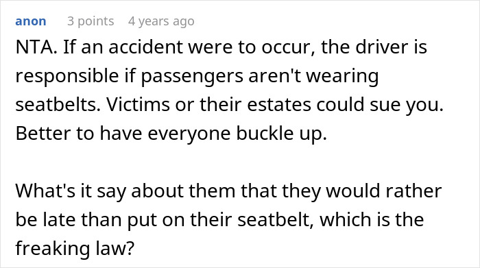 Woman insists all friends buckle seat belts before driving, causing tension and a grudge over the disrupted road trip.