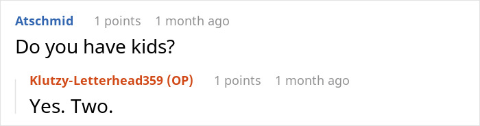 Comment exchange about kids in an online discussion related to husband blaming SAHM wife for financial problems.