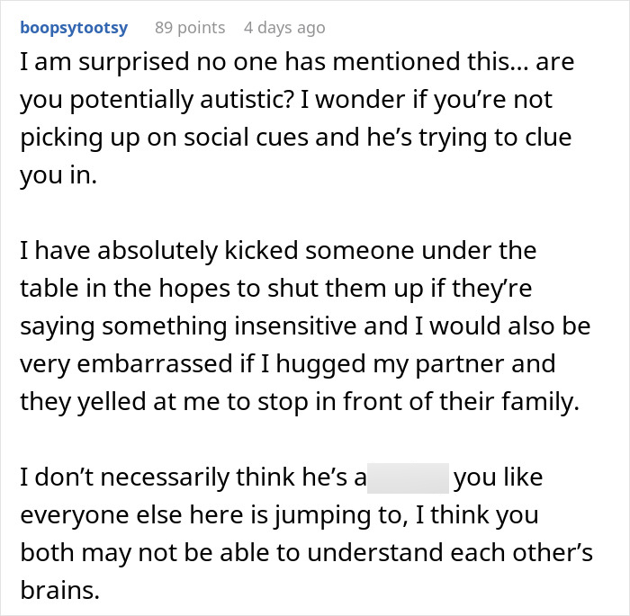 Commenter discussing husband&rsquo;s weird behavior and wife&rsquo;s reaction during a tense dinner over past conflicts.