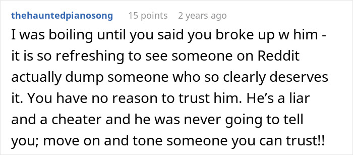 Reddit comment warning about a lying boyfriend who went on a trip with a female friend, advising to trust and move on.