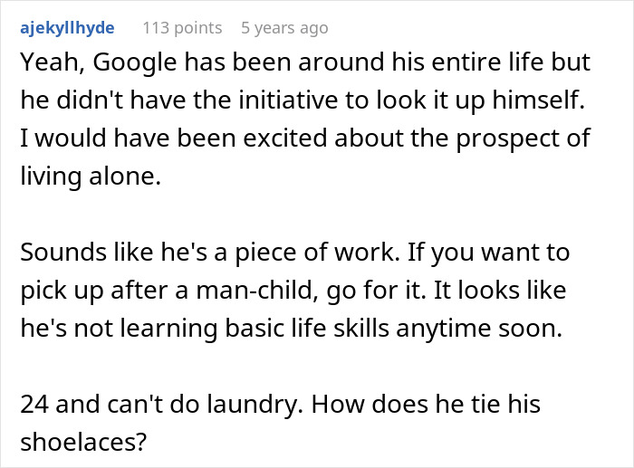 Screenshot of a Reddit comment discussing a man wanting to move from mom&rsquo;s house to girlfriend&rsquo;s without learning chores.