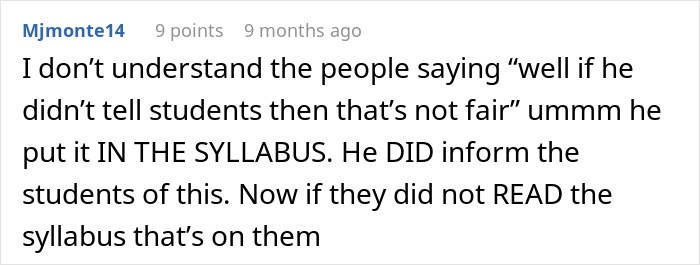 Screenshot of an online comment discussing students pushing back after professor enforces phone rule without warning.