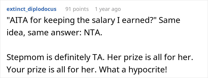 Screenshot of a Reddit comment discussing a teen&rsquo;s stepsister supporting her against stepmom&rsquo;s selfish and cruel accusations.