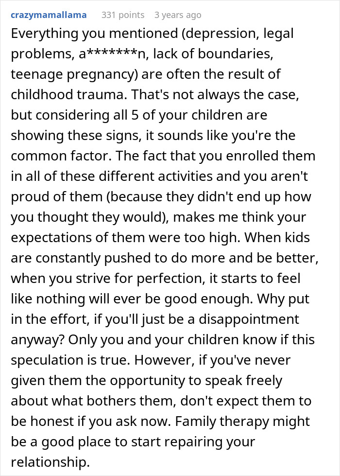Comment discussing a dad’s perspective on his children’s failures and the impact of high expectations and childhood trauma. Comment discussing a dad’s perspective on his children’s failures and the impact of high expectations and childhood trauma.