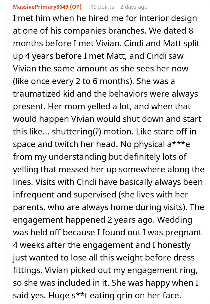 Text post discussing a woman&rsquo;s experience with her fianc&eacute; and stepdaughter, revealing relationship struggles.