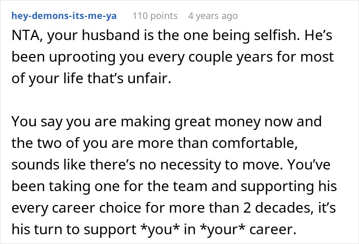 Comment excerpt discussing a woman refusing to move again after decades relocating for husband&rsquo;s career, highlighting fairness and support.