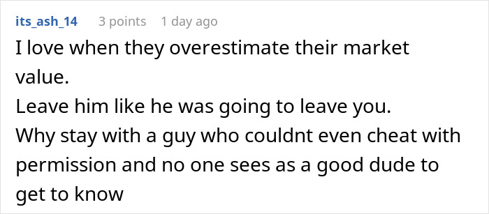 Screenshot of a social media comment discussing a man&rsquo;s plan to open relationship to date younger coworker backfiring.