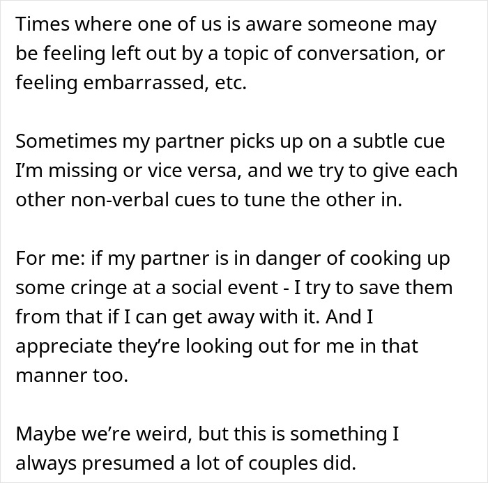 Text discussing partners using non-verbal cues to avoid awkward social moments and reacting to weird behavior at dinner.
