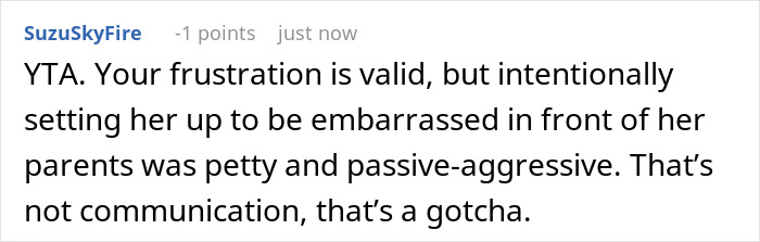 Screenshot of an online comment discussing a husband embarrassing his wife in front of her parents as a lesson.