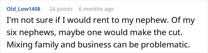 Comment about challenges of mixing family and business, relating to entitled sister harassing brother&rsquo;s tenant.
