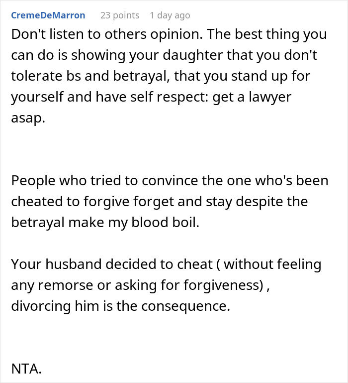 Text post showing a user advising a wife about her husband&rsquo;s betrayal and self-respect after cheating.