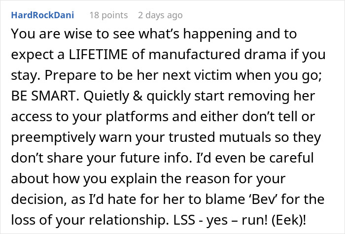 Comment discussing fianc&eacute;e's obsession with her bully causing relationship issues and stalking concerns shared online.