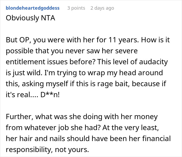 Comment discussing unemployed woman cheating on boyfriend with a jobless man and asking ex to fund her life, highlighting entitlement issues.
