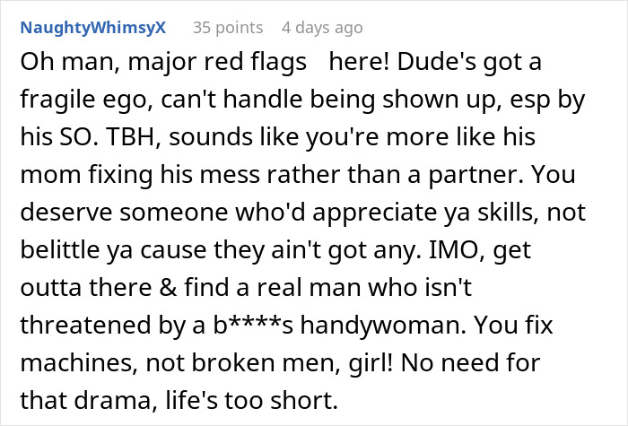 Woman ready to dump boyfriend who feels emasculated when she fixes things, highlighting fragile ego and relationship issues.