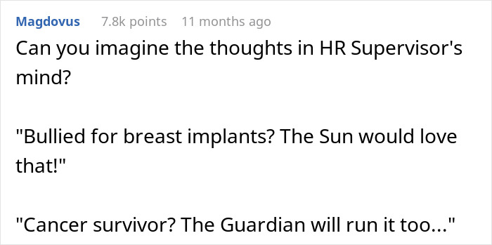 Screenshot of a Reddit comment discussing breast implants and cancer survivor experience after surgery story shared online.