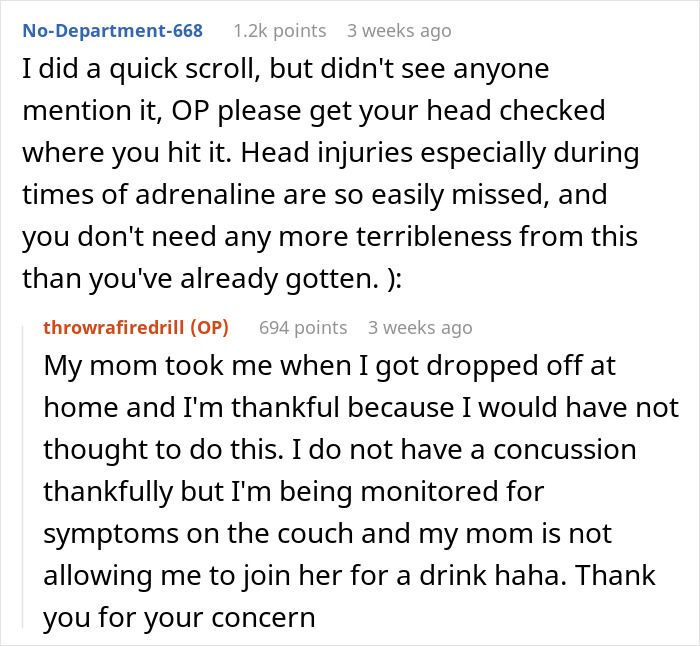 Reddit conversation about head injury advice after woman gets caught in boyfriend&rsquo;s family Christmas tradition triggering childhood trauma.