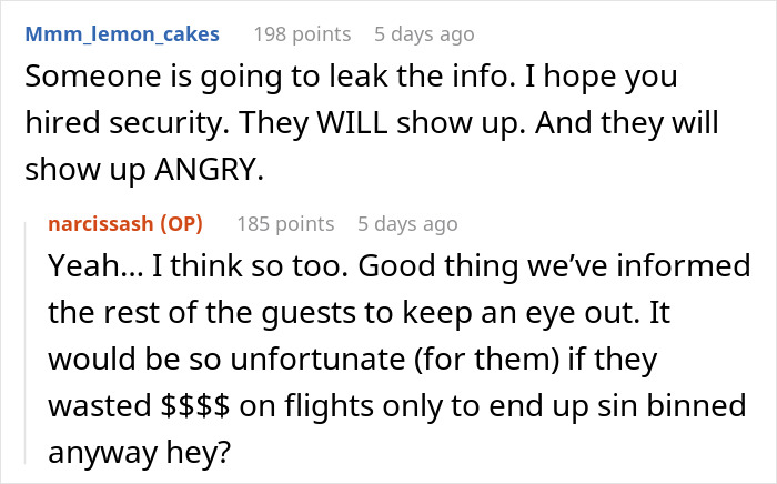 Screenshot of a heated online discussion about estranged relatives demanding access to a wedding they were never invited to.