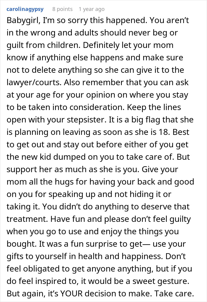 Supportive stepsister comforts teen after stepmom calls her selfish and cruel for spending money on herself.