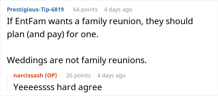Screenshot of a Reddit conversation about estranged relatives demanding access to a wedding they were never invited to.