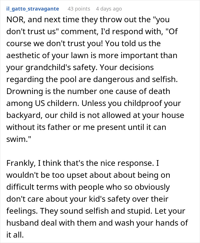 Comment discussing in-laws refusing to prioritize grandchild’s safety, leading to a ban from babysitting. Comment discussing in-laws refusing to prioritize grandchild’s safety, leading to a ban from babysitting.