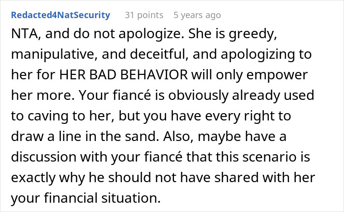 Reddit comment criticizing manipulative mother-in-law in a finance dispute with yoga teacher fiancee.