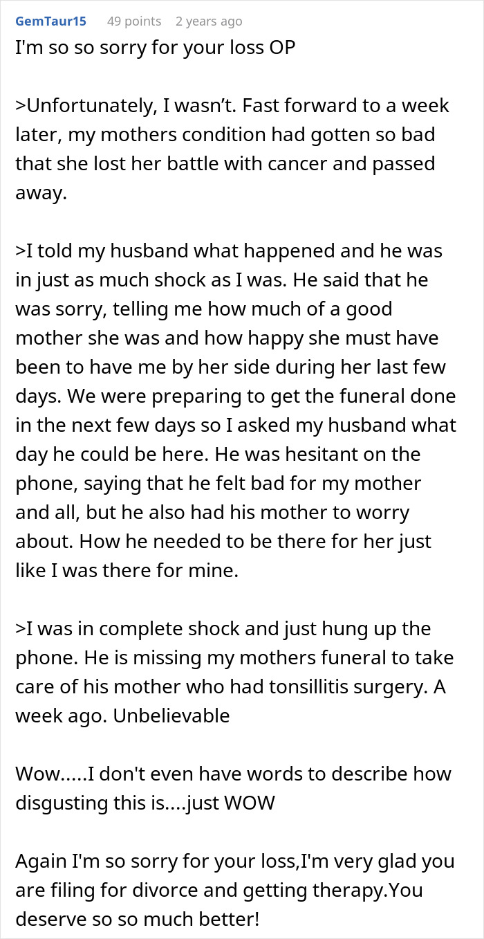 Screenshot of a Reddit comment expressing sympathy for a wife dealing with husband and in-laws rudeness and divorce plans.