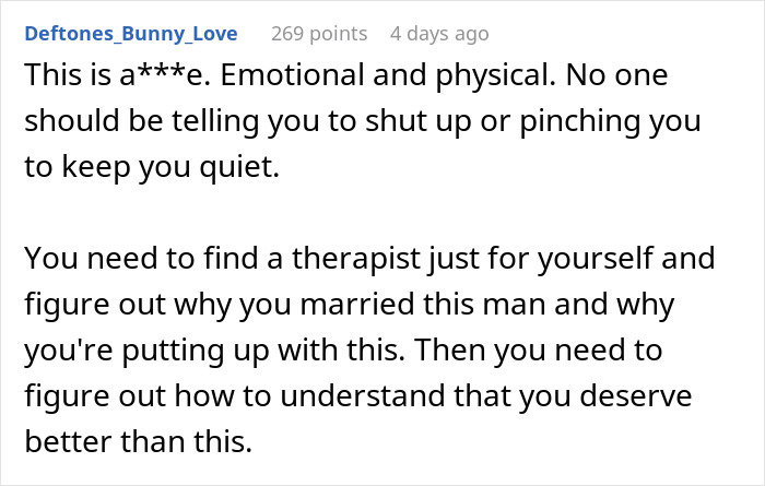Screenshot of a Reddit comment addressing emotional and physical a***e related to husband&rsquo;s weird behavior at dinner and past issues.