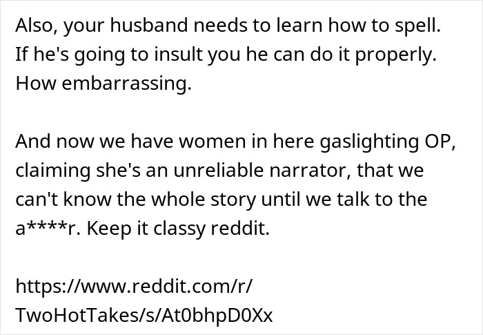 Screenshot of Reddit comments discussing husband&rsquo;s weird behavior and wife&rsquo;s reaction, highlighting gaslighting and insults.