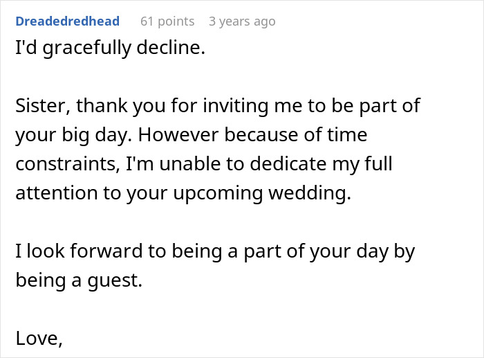 Comment discussing declining an invitation due to time constraints amid a sister turning into a bridezilla situation.