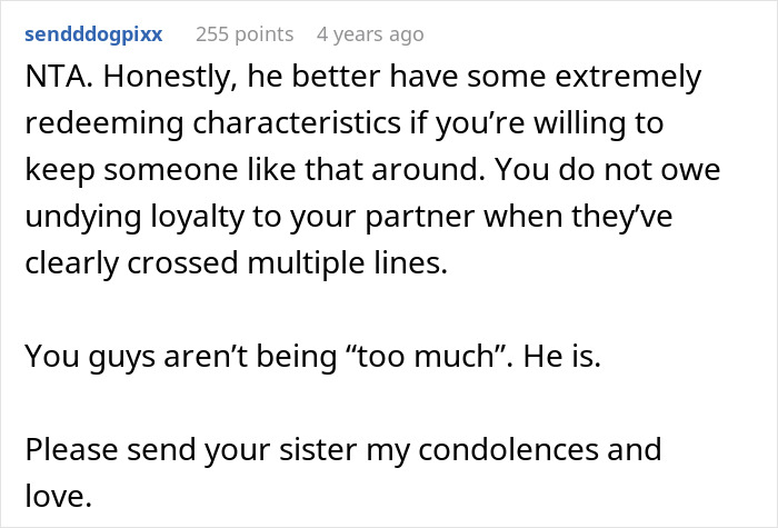 Reddit comment discussing loyalty and boundaries related to guy saying the wrong thing about late BIL at Thanksgiving.