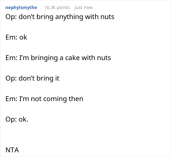 Text conversation showing guest ignoring food allergy restrictions set by host, leading to disinvitation from party event.