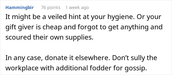 Reddit comment discussing possible passive-aggressive gift by daycare worker coworker and advice to donate it elsewhere.
