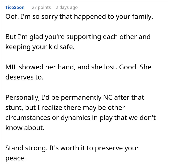 Comment expressing support for family dealing with MIL refused baby name and urging to stand strong for peace.