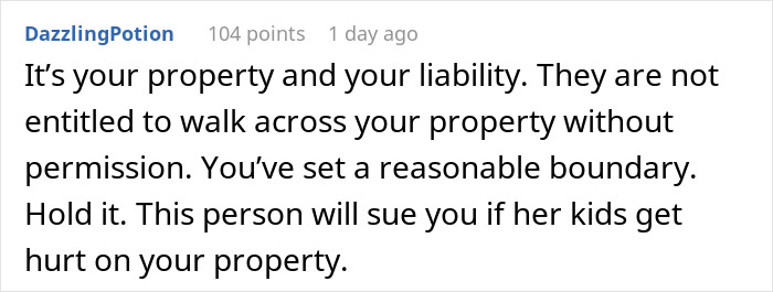 Comment explaining property liability and boundary rules regarding kids crossing a neighbor's yard without permission.