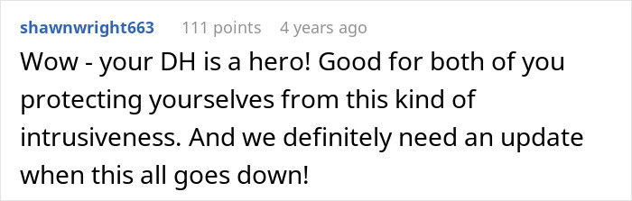 Reddit comment praising husband for protecting couple from parents coming on honeymoon surprise and intrusiveness.