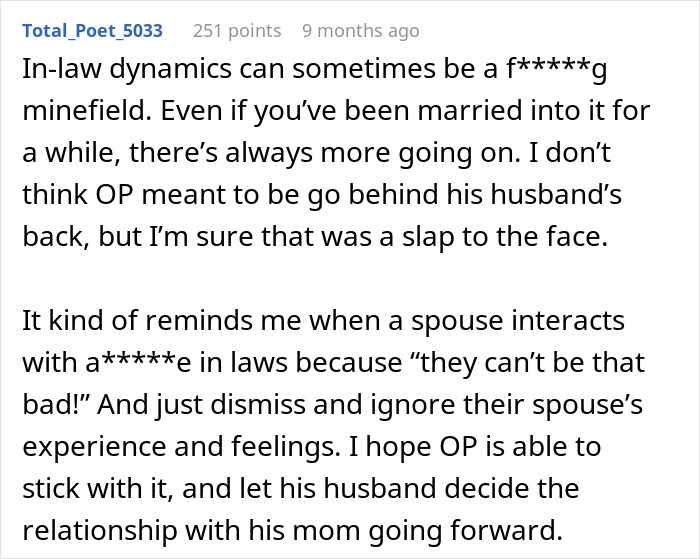 Man feels torn between husband and mother-in-law after secretly helping her, navigating complex in-law relationship dynamics.