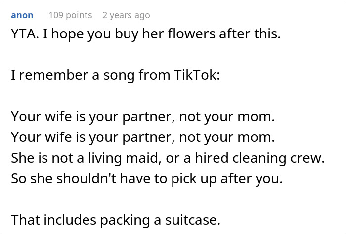 Alt text: Screenshot of an online comment criticizing a man for blaming his wife for no slacks on his business trip.