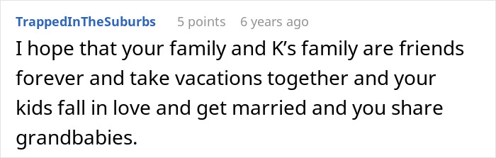 Screenshot of a Reddit comment hoping for lasting family friendship and future generations after a workplace conflict resolution.