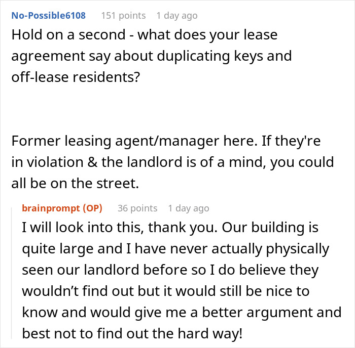 Commenter warns about lease violations and landlord risks amid roommate boyfriend vacation drama concerns.
