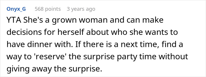 Reddit screenshot of Onyx_G comment criticizing wife mopes at birthday party, advising to reserve surprise time